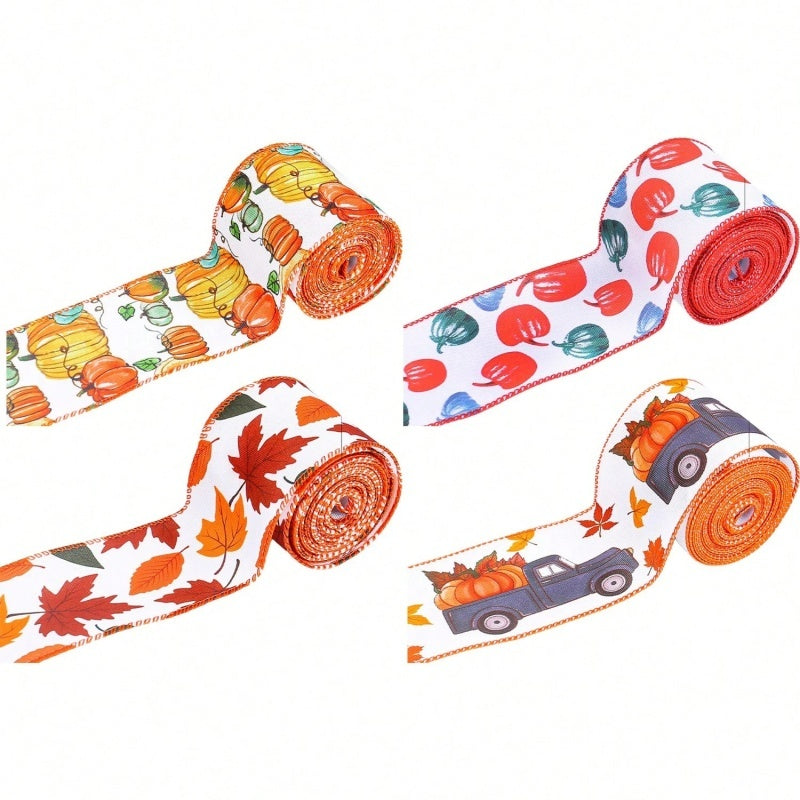 4 Rolls 20 Yards Thanksgiving Day Fall Autumn Wired Edge Ribbon Pumpkin Leaves Wired Ribbon Gingham Ribbon For Thanksgiving Decorations Party Gift Wrapping Craft DIY Project