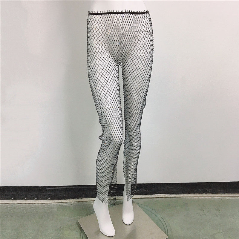 Sexy Fishnet Slit Pants Rhinestone Mesh Stretch Leggings
