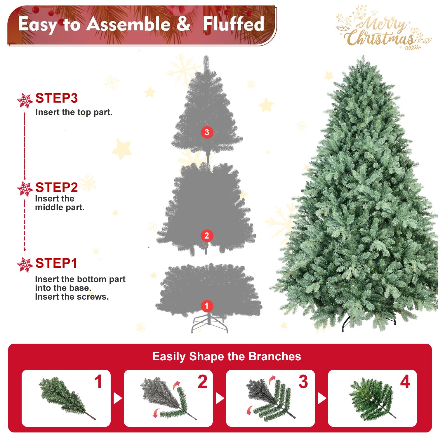6FT Blue-Green Tint Christmas Tree With 1878 PE PVC Tips Unique Full-Bodied Tree With Hinged Branches, Easy Assembly, Stable Metal Stand, Eye-Catching Holiday Decor