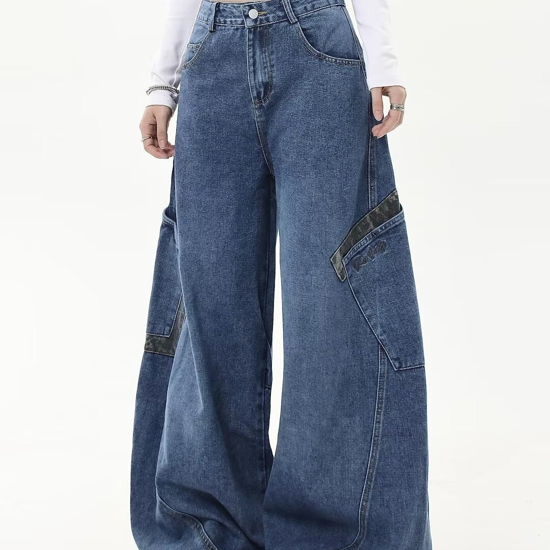 American Vintage Leopard Print Patchwork Large Pocket Cargo Jeans