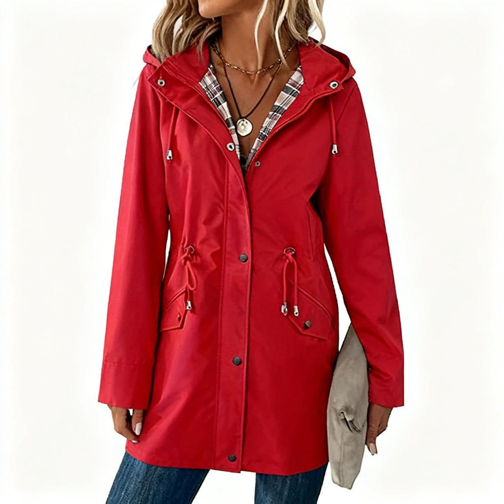 Ladies Hooded Drawstring Nipped-waist Plaid Coat