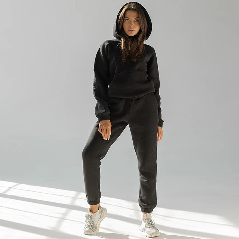 Casual Fleece-lined Hooded Sweatshirt And Pants Two-piece Set
