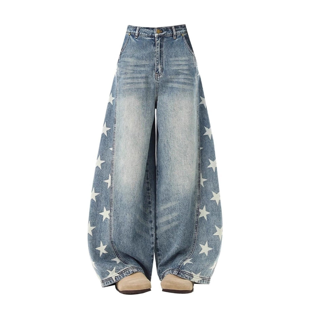 American Style Retro Washed Denim Pants Loose Trendy Wide Leg Trousers