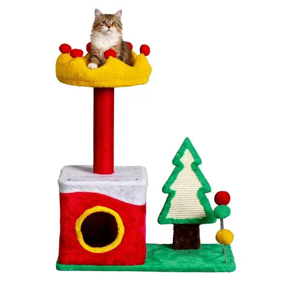 29.5in Christmas Themed Plush Cat Tree, Multi-level Cat Tower With Cat Condo, Top Crown Perch, Sisal Scratching Posts, Cat Pet Activity Center For Indoor Cats - The Premium