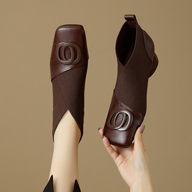 Soft Leather Retro Chunky Heel Women's Shoes