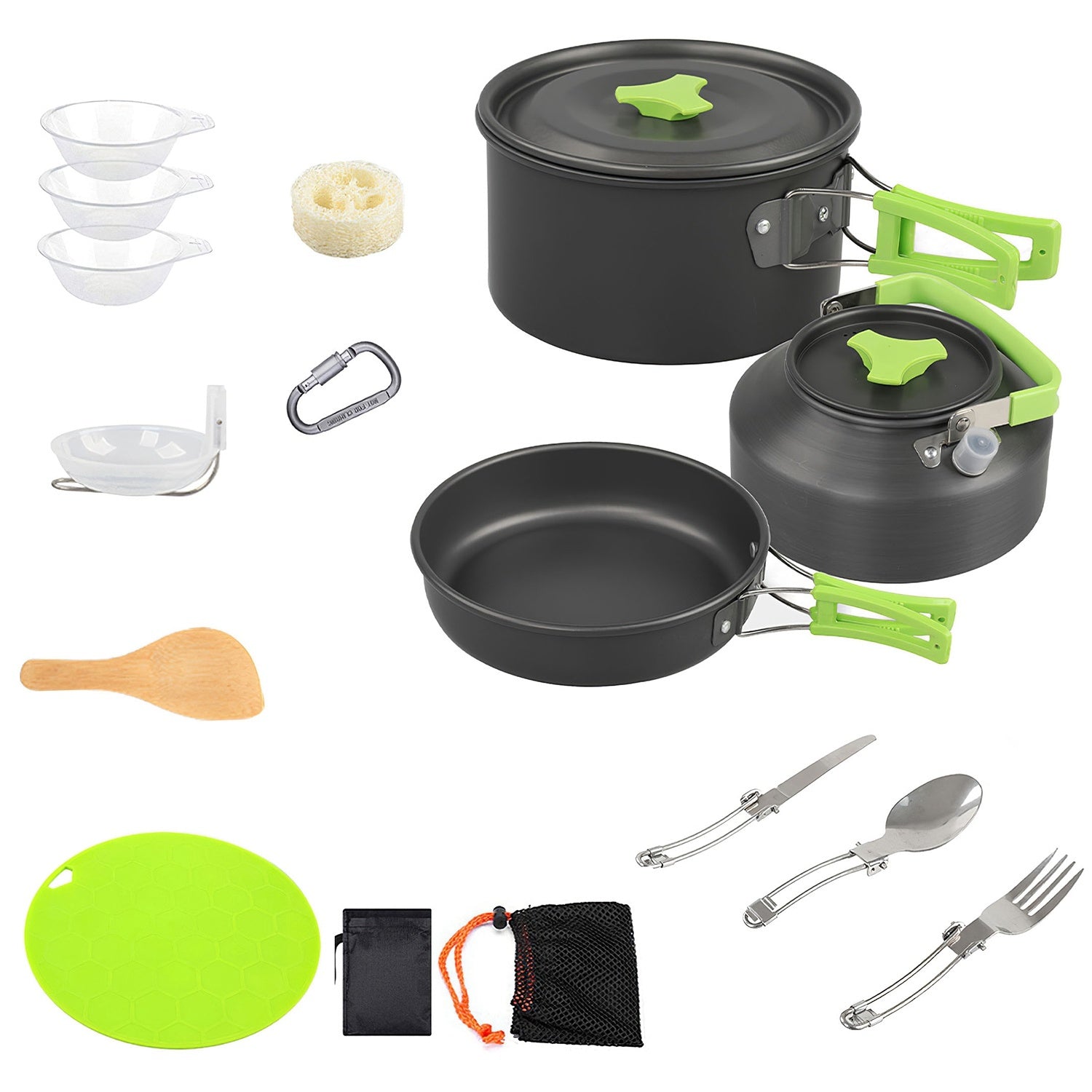 16Pcs Camping Cooking Ware Set Camping Stove Cookware Kit Aluminum Pot Pan Kettle Set With Bowls Knife Fork Spoon Carabiner Spatula Cutting Board For Hiking Picnic Outdoor