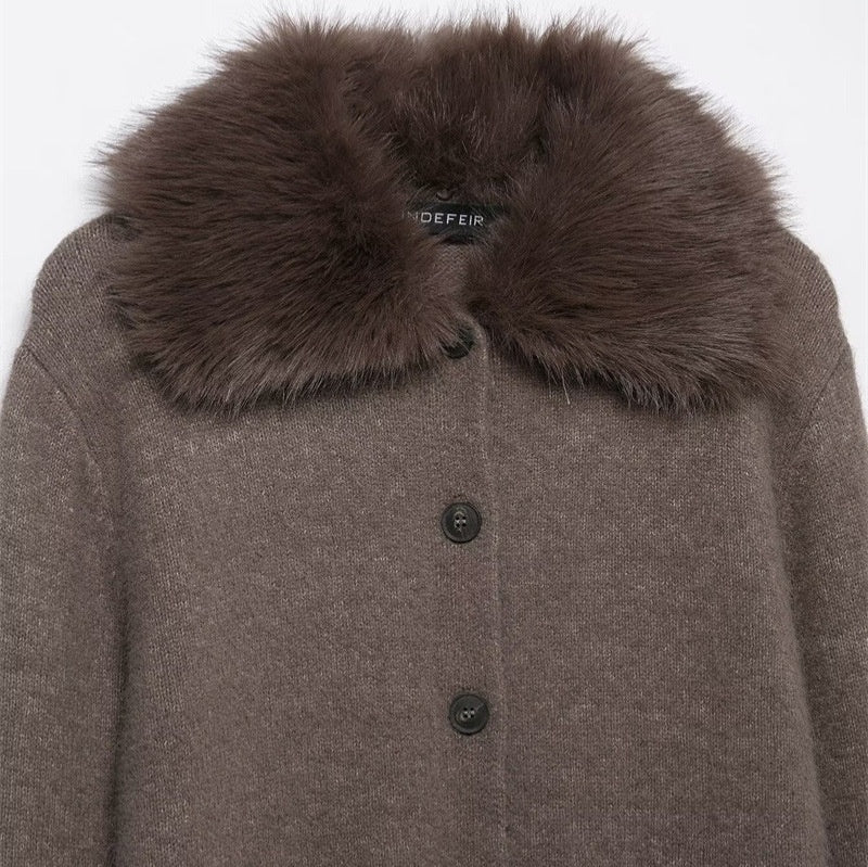 Faux Fur Effect Lapel Knitted Coat Women