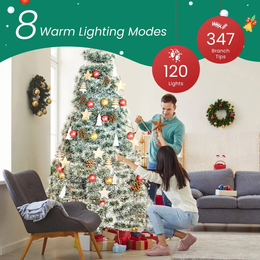 Pre-lit Artificial Christmas Tree, Prelighted Green Artificial Hinged Spruce Xmas Tree With 347 Branch Tips, 120 Incandescent Lights - The Premium