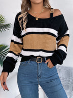 Casual Color Block Striped Lantern Sleeve Metal Button Off-Shoulder Pullover Sweater