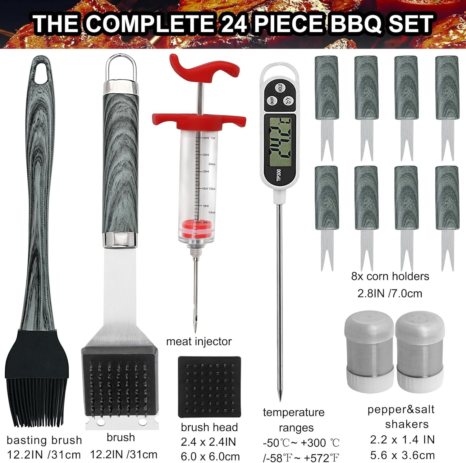 Grilljoy 24PCS BBQ Grill Tools Set With Meat Thermometer And Injector - Extra Thick Stainless Steel Fork, Spatula& Tongs - Complete BBQ Accessories In Aluminum Case - Perfect Grill Gifts For Men