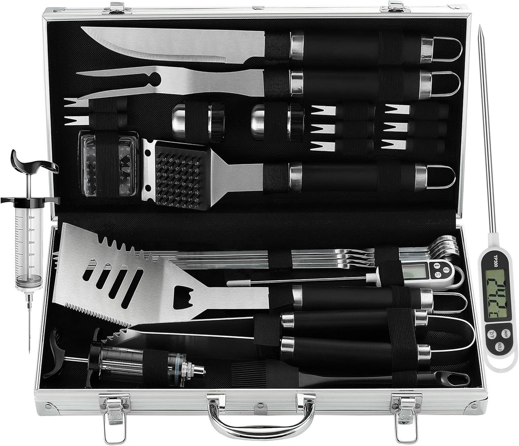 Grilljoy 24PCS BBQ Grill Tools Set With Meat Thermometer And Injector - Extra Thick Stainless Steel Fork, Spatula& Tongs - Complete BBQ Accessories In Aluminum Case - Perfect Grill Gifts For Men