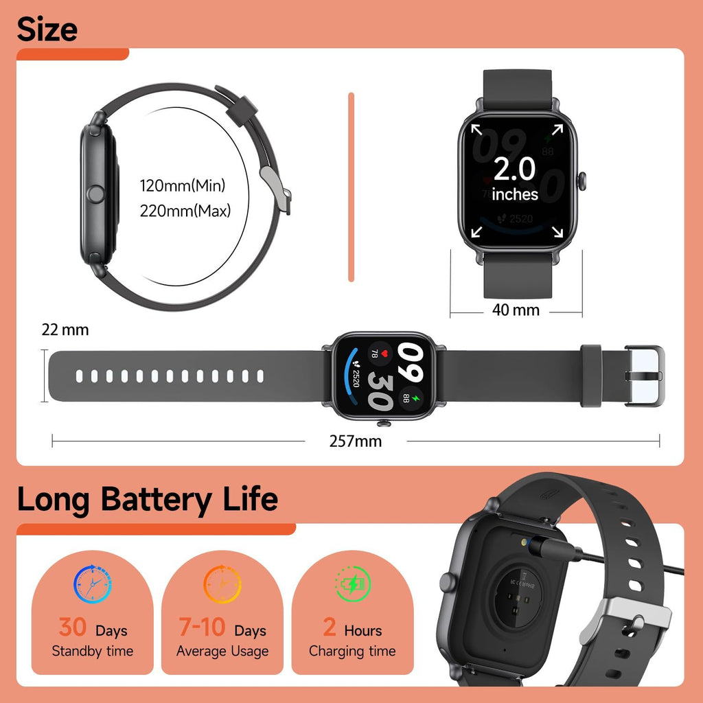 2.0 Inch HD - Fashion Smartwatch Bluetooth Talking, IP68 Showerproof Mental Health Tracker, Anxiety Relief Fitness Tracker