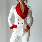 Women's Classic Notch Lapel Blazer, Double-Breasted Long Sleeve Jacket With Color-Block Waist Definition