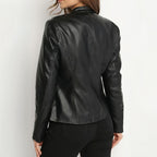 Women's Solid Color Long Sleeve Stand Collar Faux Leather Blazer - Single Button Zippered Jacket For Fall&Winter