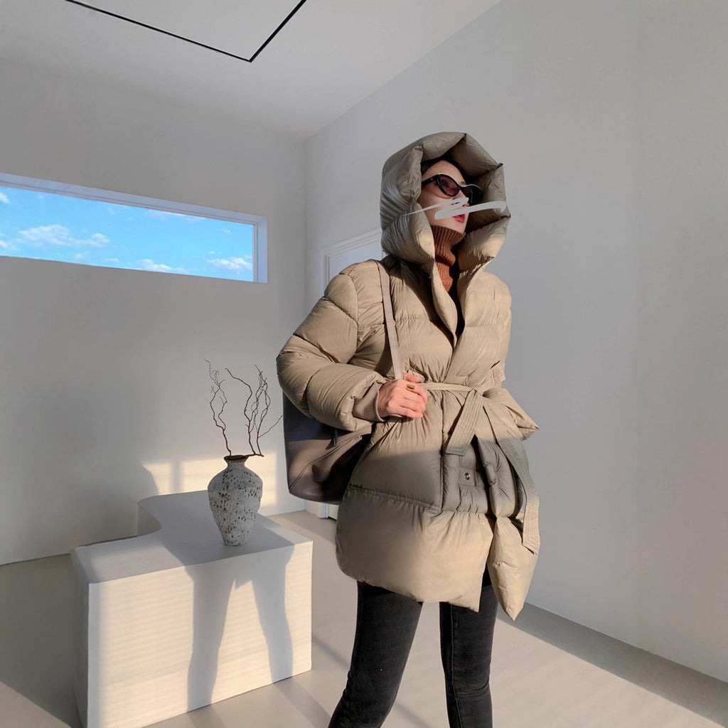 White Duck Down Coat Women's Mid-length Fashionable Tie-waist Thickened Puffer Jacket