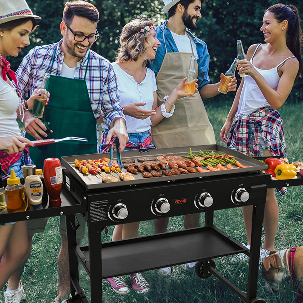 Commercial Griddle On Cart, 36' Heavy Duty Manual Flat Top Griddle, Outdoor Cooking Station With Side Shelves, Steel Natural Gas Griddle, 4-Burners Restaurant Portable Tested ToStandards