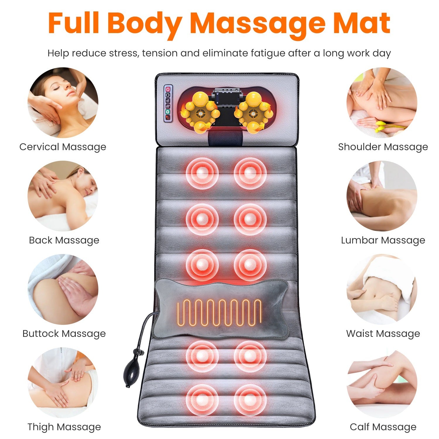 1Pc Full Body Electric Massage Mat With Heat Vibration Massage Pad Cushion Back Massage Mattress Chair Pad With Neck Massage Pillow With 10 Vibration Motors Timer Fedex Shipping