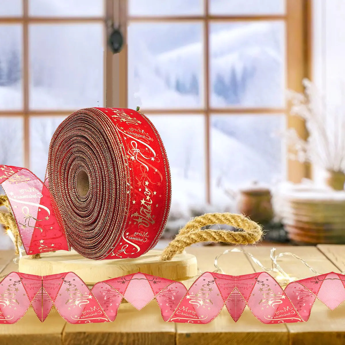 5 Rolls Christmas Ribbon Red And Gold Wired Ribbon Merry Christmas Cotton Ribbon Christmas Tree DIY Crafting Gifts Wrapping - The Premium