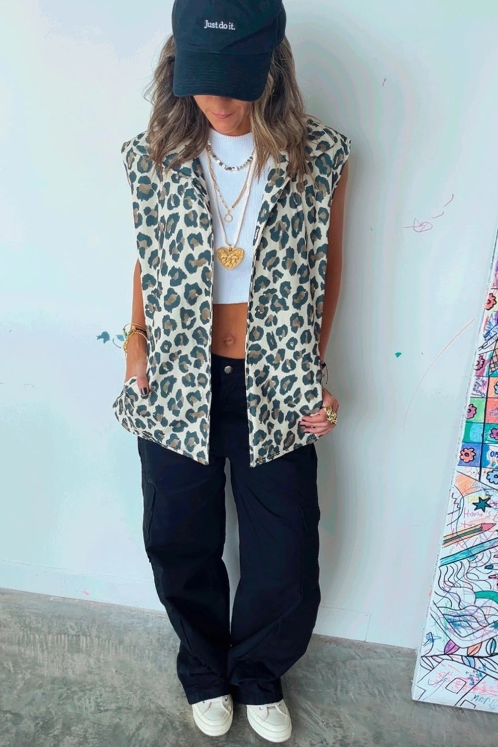 Brown Leopard Print Front Open Jacket Vest
