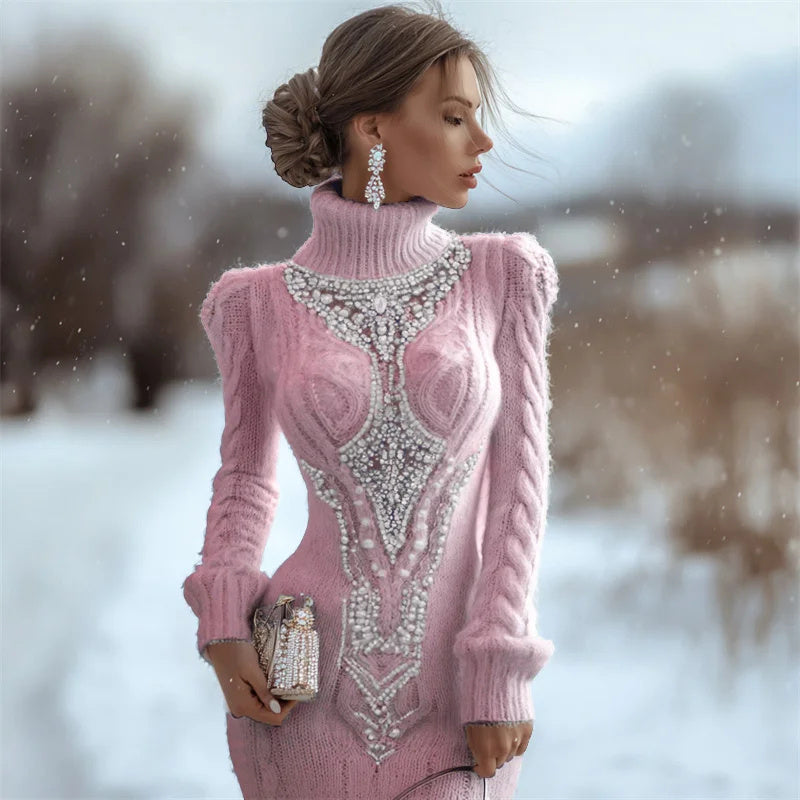 Printed Women's Slim-fit High-neck Bodycon Dress Sweater