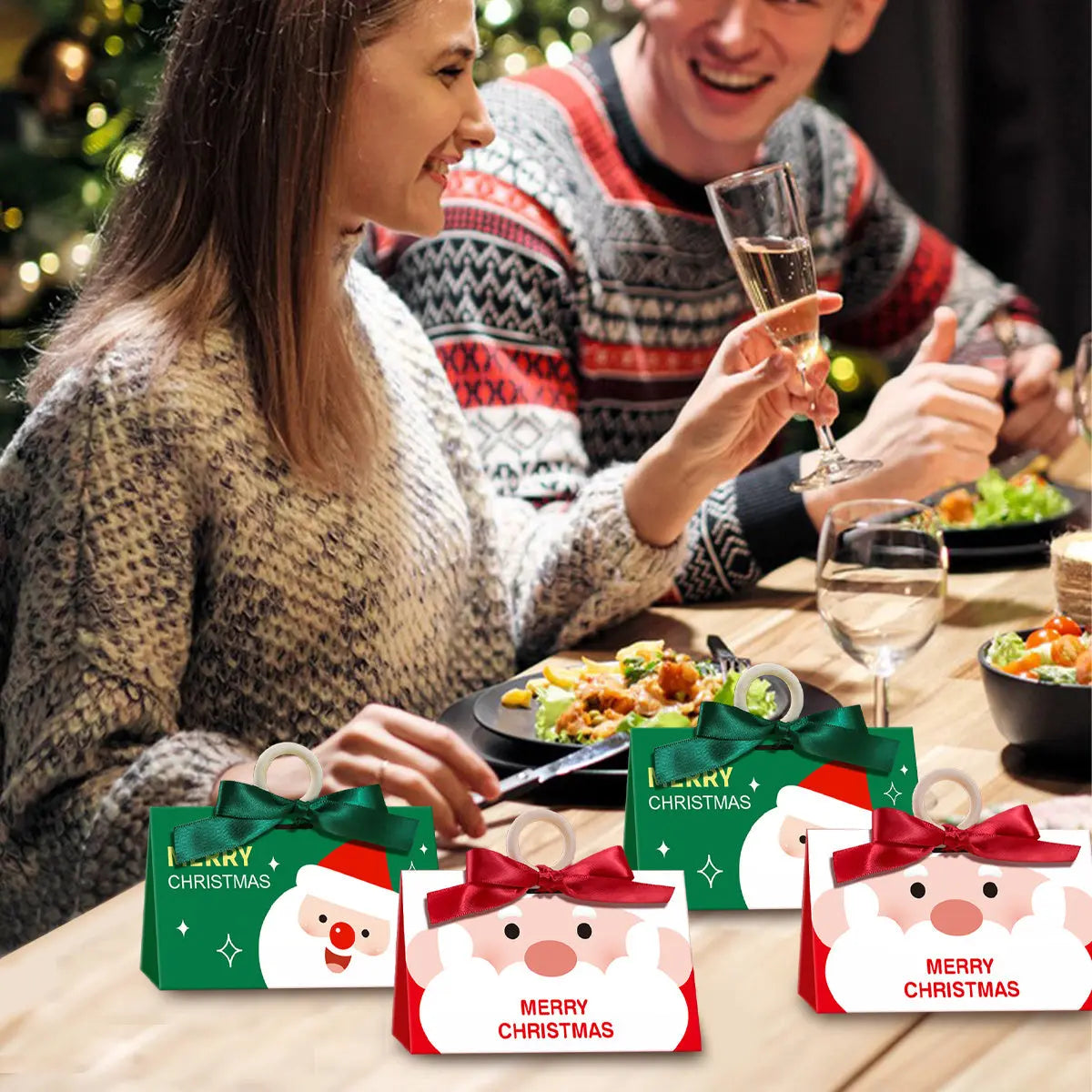 10 Pack Christmas Candy Boxes With Ribbon And Wooden Ring Merry Cartoon Paper Treat Boxes Christmas Santa Claus Pattern Cookie Goodies Box For Christmas Birthday Wedding Gift Wrapping Holiday Party Su - The Premium