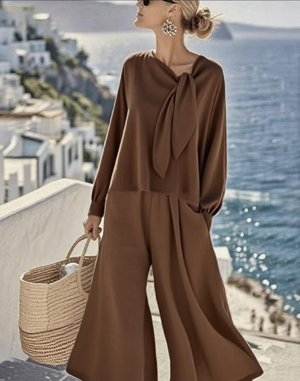 Women's Casual Solid Color Long Sleeve Top And Pants Two-Piece Set