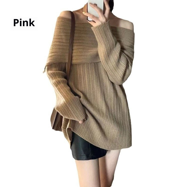 Lazy Style Shoulder-revealing Red Atmosphere Off-shoulder Sweater