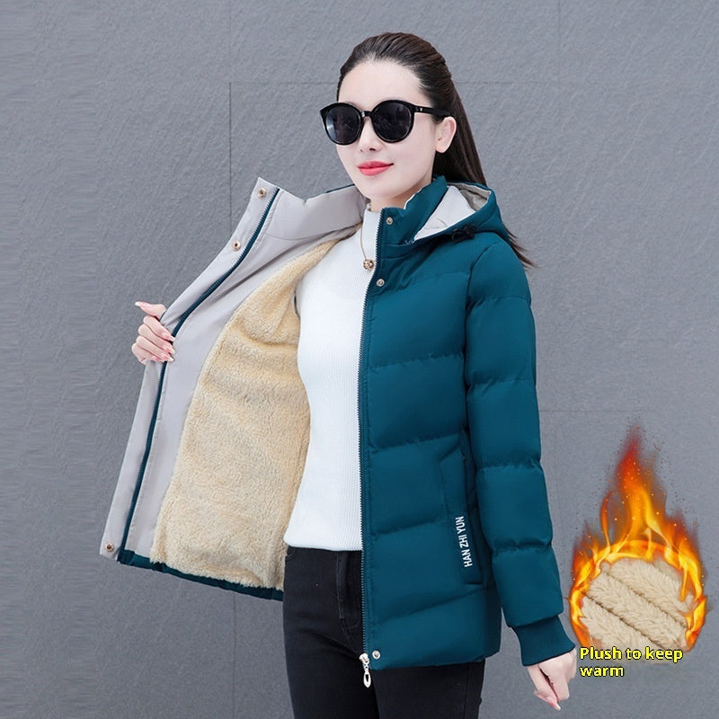 Winter Fleece-lined Thick Middle-aged Mom's Lamb Fleece Hooded Down Cotton Coat For Women