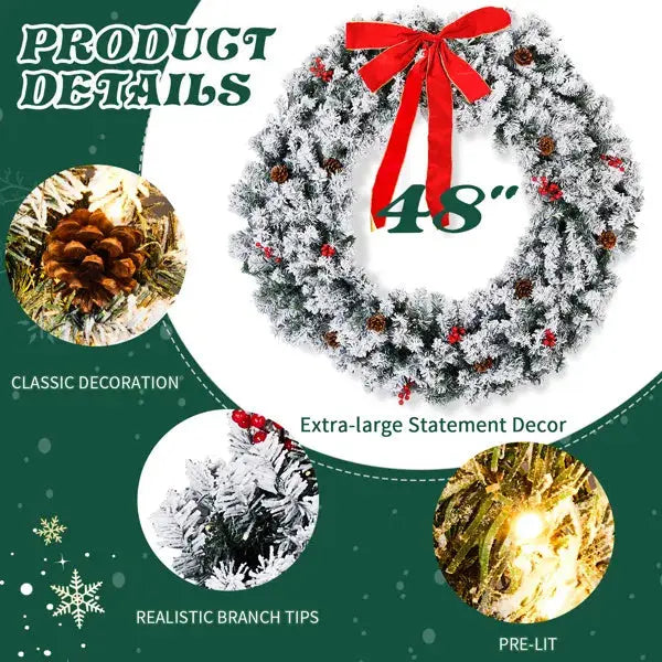 48in Pre-lit Snow Flocked Christmas Wreath, Lighted Artificial Xmas Wreath With 150 Warm White Lights And 450 PVC Tips And DIY Ornaments, For Front Door Gate Wall Xmas Party Decorations, Snowy Green - The Premium