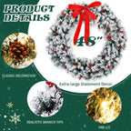 48in Pre-lit Snow Flocked Christmas Wreath, Lighted Artificial Xmas Wreath With 150 Warm White Lights And 450 PVC Tips And DIY Ornaments, For Front Door Gate Wall Xmas Party Decorations, Snowy Green - The Premium