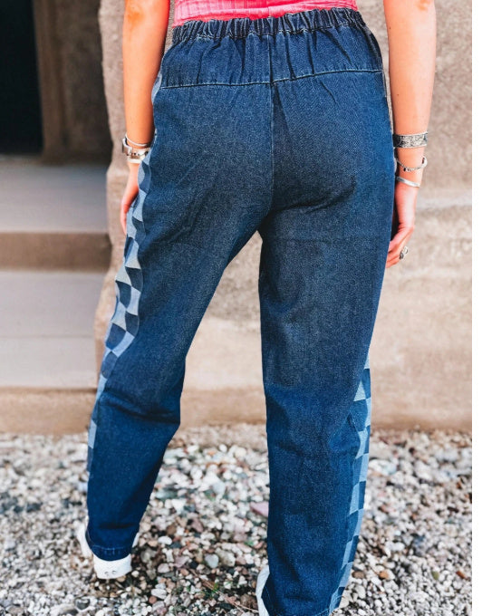 Sail Blue Checkered Side Panel Drawstring Loose Jeans