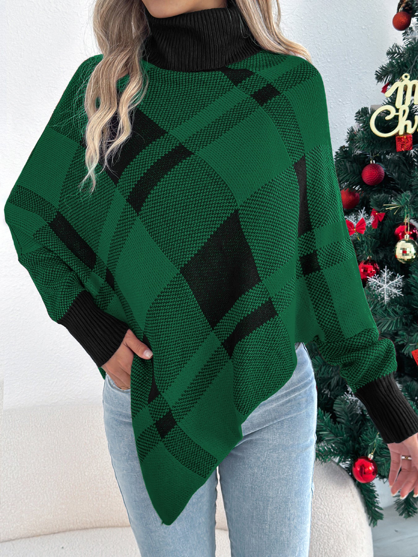 Casual Color Block Plaid High Neck Long Sleeve Poncho Sweater