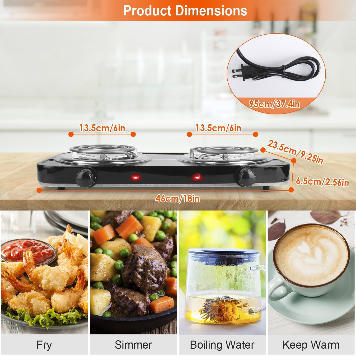 2 Color Options -- 1Pc 2000W Electric Double Burner Portable Coil Heating Hot Plate Stove Countertop RV Hotplate With Non Slip Rubber Feet 5 Temperature Adjustments