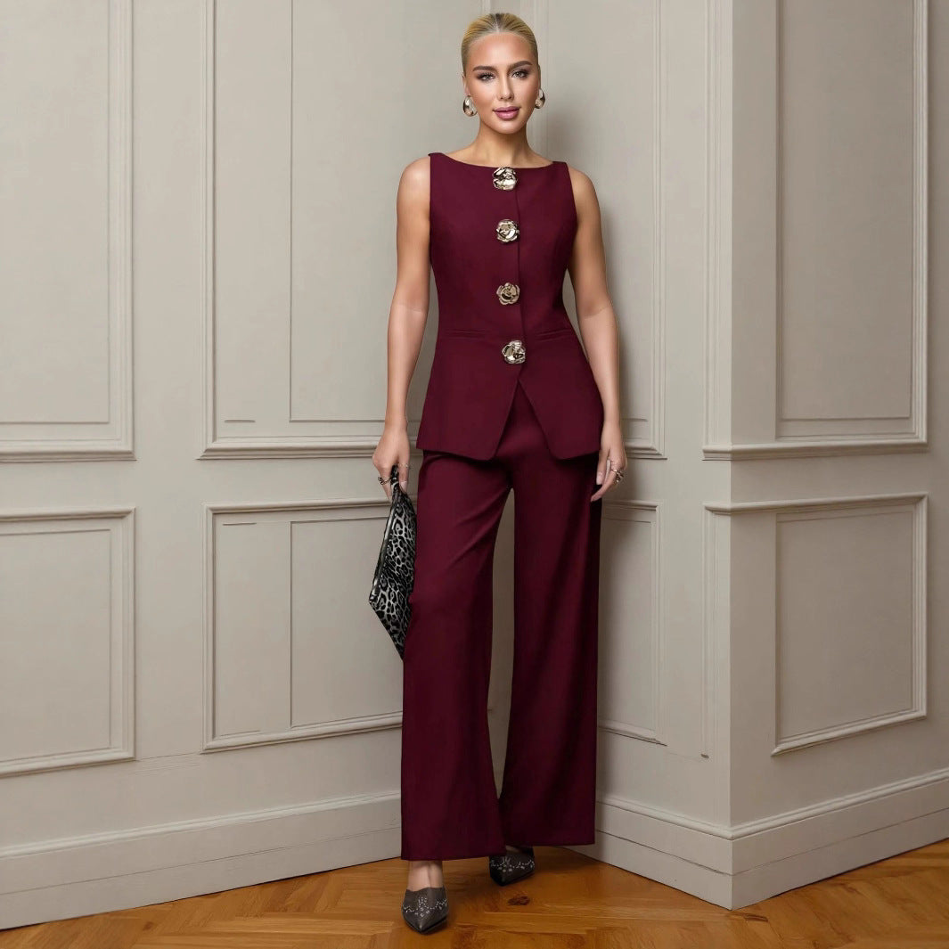 Women's Fashion Golden Button Vest Pants Casual Suit