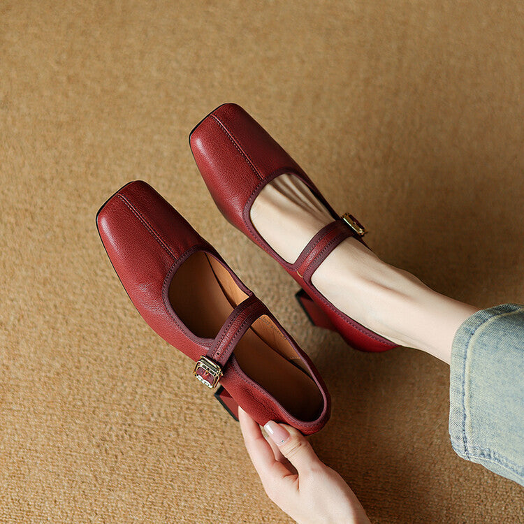 Women's Square Toe Black And Red Retro Chunky Heel Pumps