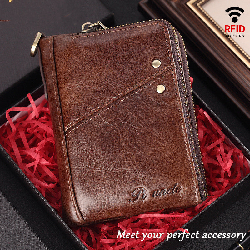 Men's leather zipper short wallet