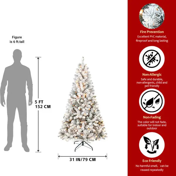Artificial 5ft Flocked Christmas Tree With 407 PVC Branch Tips, 150L Warm White Led, Round Head, Foldable Base For Indoor Holiday Decorating - The Premium