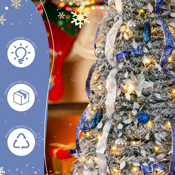 7 FT Snow Flocked Pre-lit Artificial Pop Up Christmas Tree With 200 Warm Lights And Blue & Silver Ornaments For Home Office Store Holiday Deco - The Premium