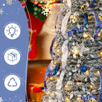 7 FT Snow Flocked Pre-lit Artificial Pop Up Christmas Tree With 200 Warm Lights And Blue & Silver Ornaments For Home Office Store Holiday Deco - The Premium