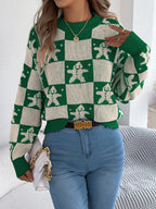 Snowflake Plaid Lantern Sleeve Pullover Sweater