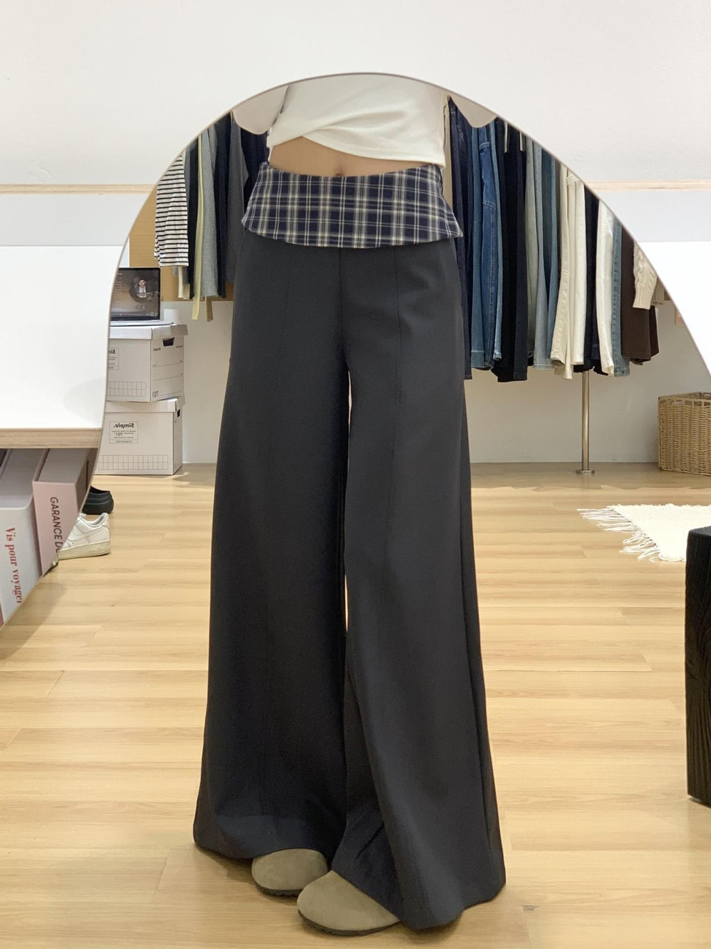 Women's High Waist Loose Plaid Patch Casual Wide Leg Pants