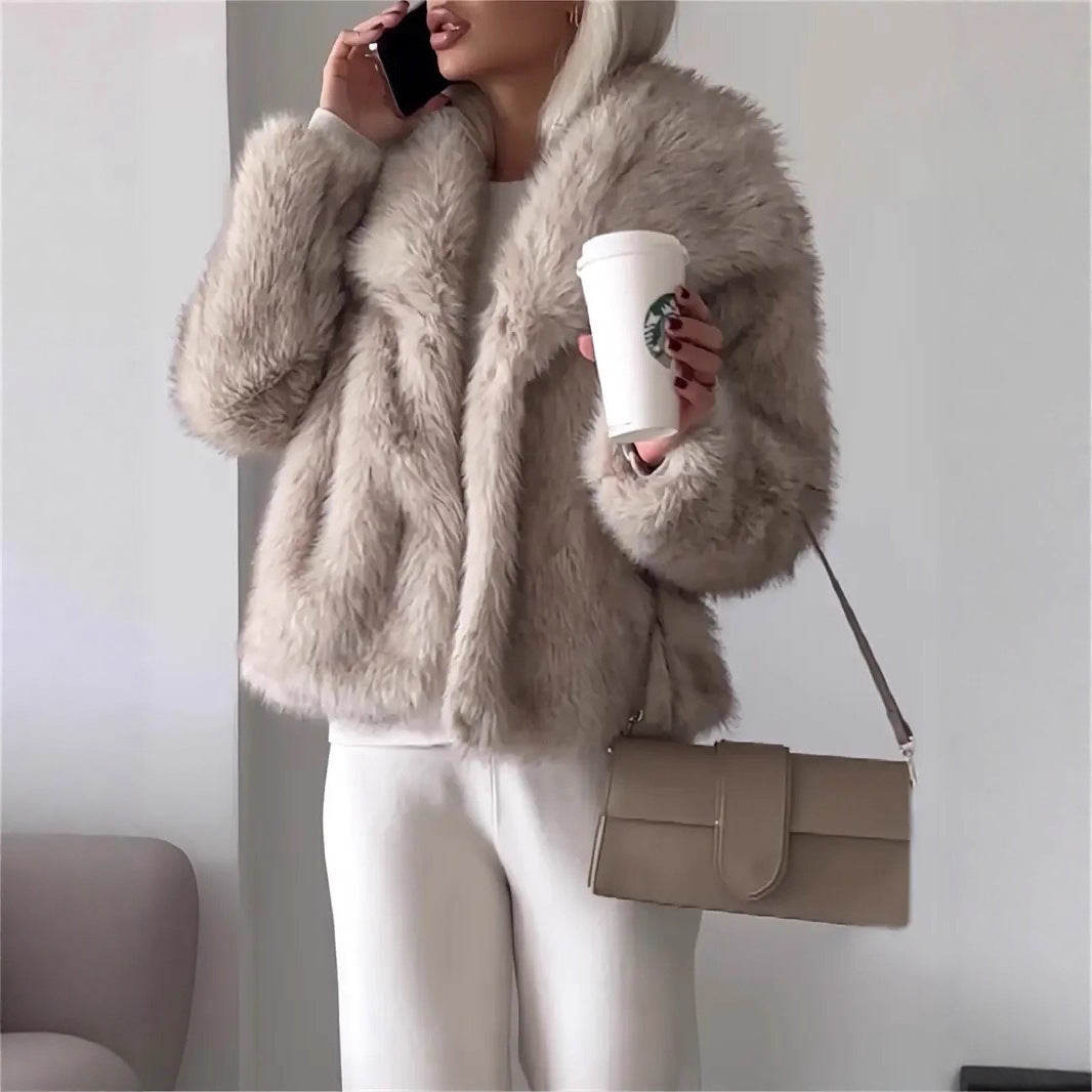 Gradient Dyed Pointed Lapel Long Sleeve Artificial Fur Coat