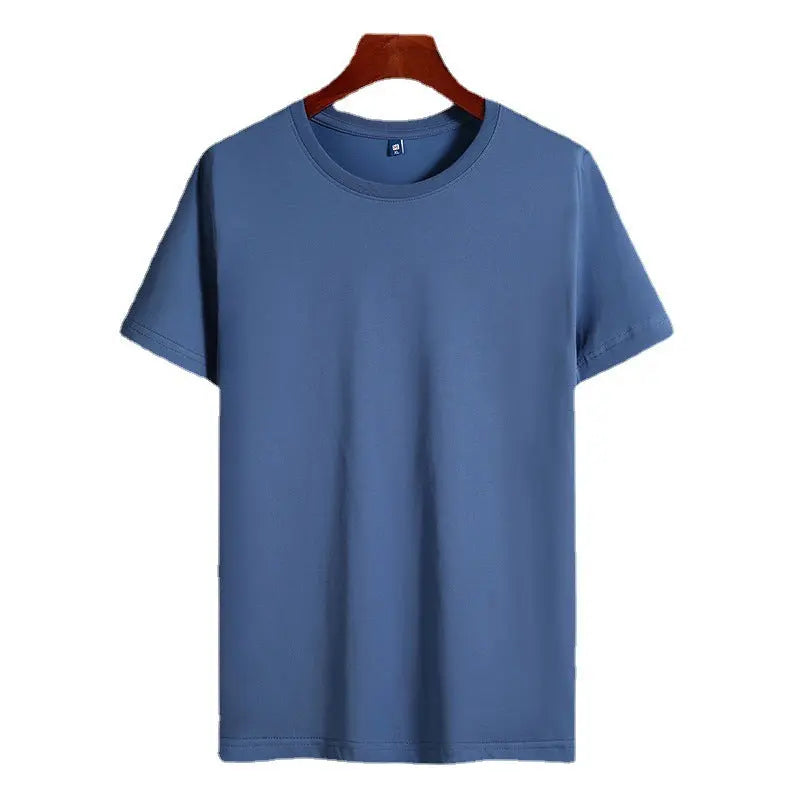 Cotton Short Sleeve T-shirt Men's Pure Color All-matching Round Neck Lycra Elastic Plus Size - The Premium