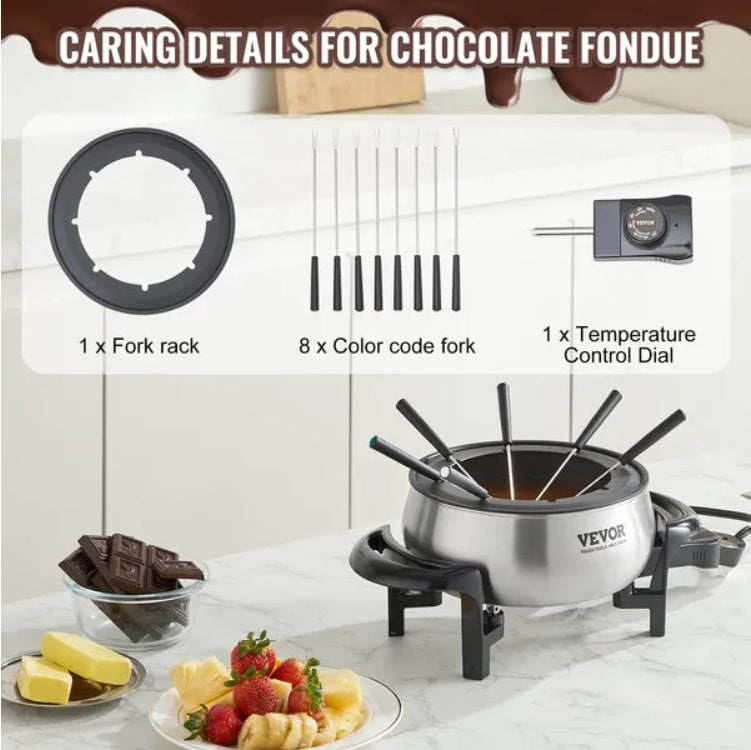 VEVOR Electric Fondue Pot Set For Cheese & Chocolate, 3 Quart Chocolate Melting Warmer, Stainless Steel Fondue Maker With Temperature Control And 8 Forks, For Hors D'Oeuvres, Entrees, And Desserts