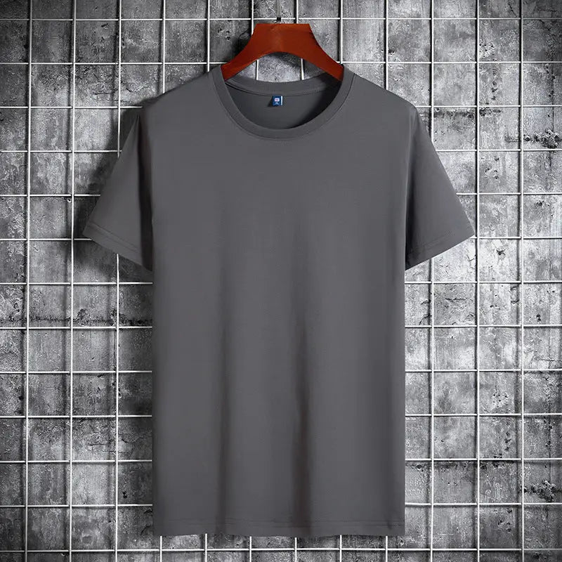 Cotton Short Sleeve T-shirt Men's Pure Color All-matching Round Neck Lycra Elastic Plus Size - The Premium