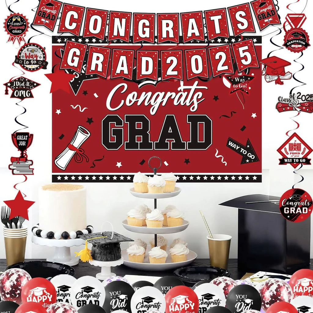 Graduation Decorations Class Of 2025 Set, Red Theme Graduation Party Supplies Of 50 Congrats Grad Banner Class Of 2025 Backdrop Balloons Hanging Swirls For High School College Celebrations - The Premium