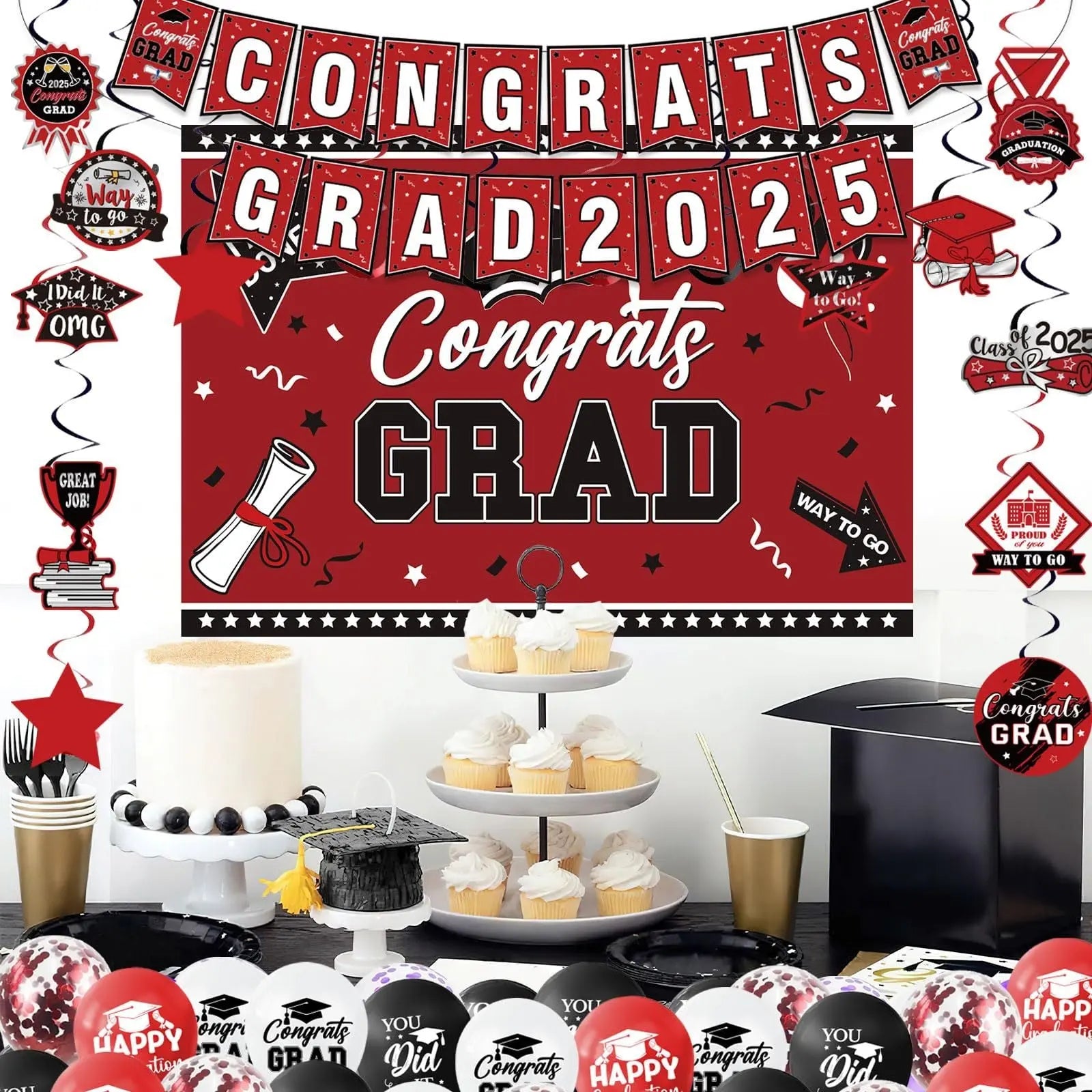 Graduation Decorations Class Of 2025 Set, Red Theme Graduation Party Supplies Of 50 Congrats Grad Banner Class Of 2025 Backdrop Balloons Hanging Swirls For High School College Celebrations - The Premium