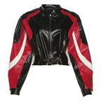 Motorcycle Slim Round Neck PU Leather Jacket