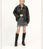 American Street Retro Large Pocket Lapels PU Leather Coat