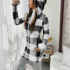 Women's Long Sleeve Plaid Long Hooded Sherpa Coat, Soft Fleece Lined Jacket With Pockets For Winter